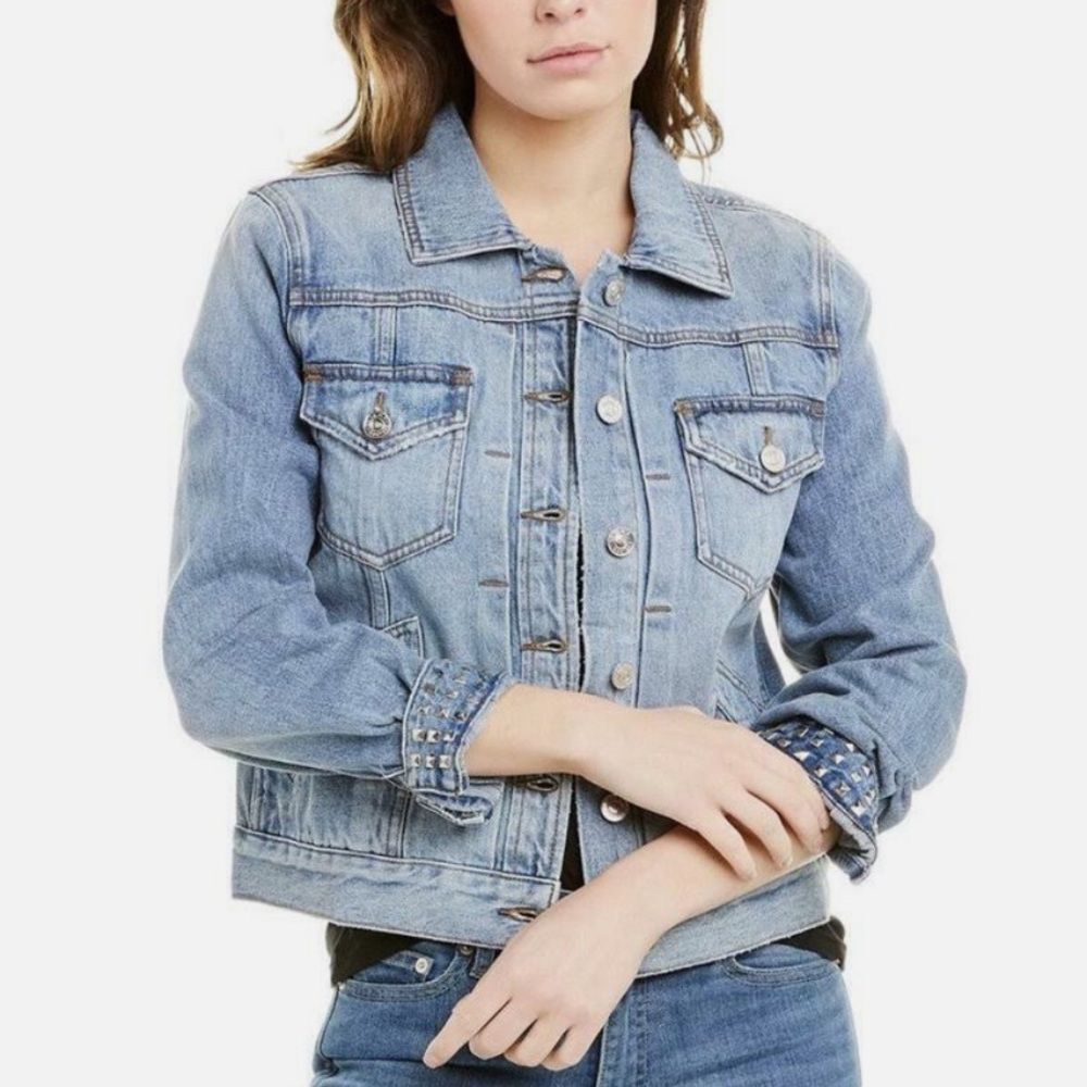 Current Elliott The Turnt Boulder Studded Denim Jacket Sz 2 Medium Blue Trucker
